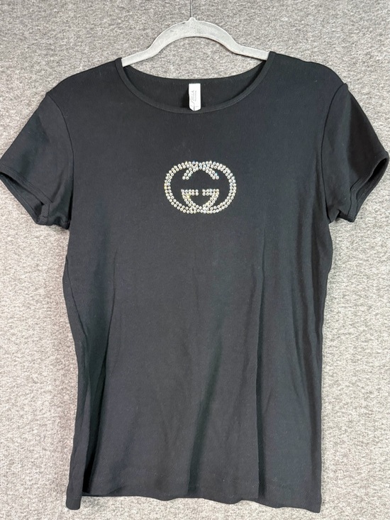 Bella Canvas Tops - Bella Canvas Black Tee Rhinestone Logo Fitted T-Shirt Size L NWOT